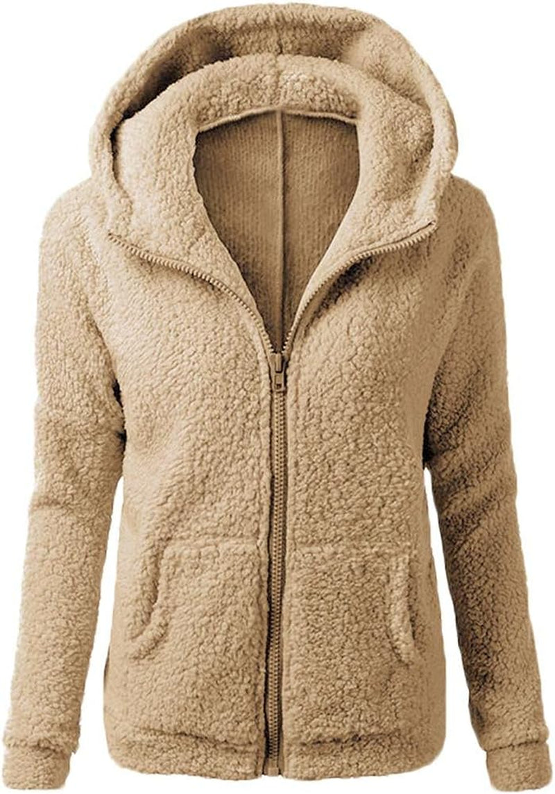 Casual Long Sleeve Full Zip up Lined Furry Fleece Solid Color Hoodie Sweatshirt Jacket Coat with Pockets