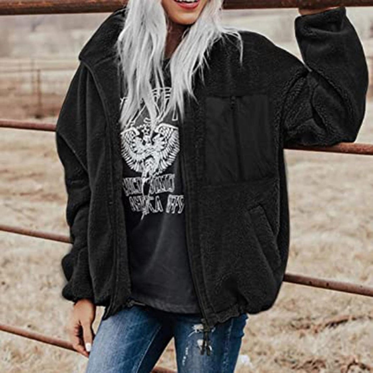 Coat for Women Fashion, Women'S Warm Winter Coat Fluffy Fleece Casual Long Sleeve Jackets Full Zip with Pockets Black