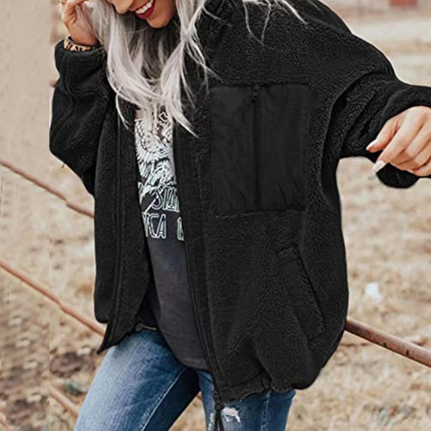 Coat for Women Fashion, Women'S Warm Winter Coat Fluffy Fleece Casual Long Sleeve Jackets Full Zip with Pockets Black