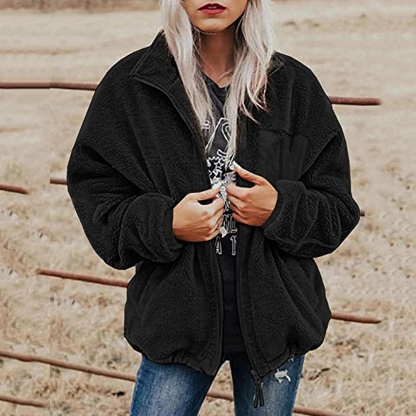 Coat for Women Fashion, Women'S Warm Winter Coat Fluffy Fleece Casual Long Sleeve Jackets Full Zip with Pockets Black