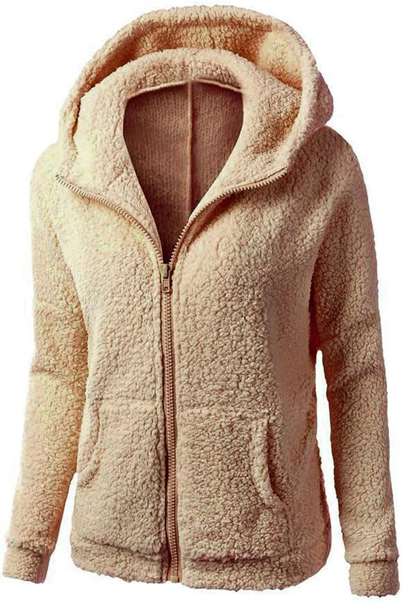 Casual Long Sleeve Full Zip up Lined Furry Fleece Solid Color Hoodie Sweatshirt Jacket Coat with Pockets