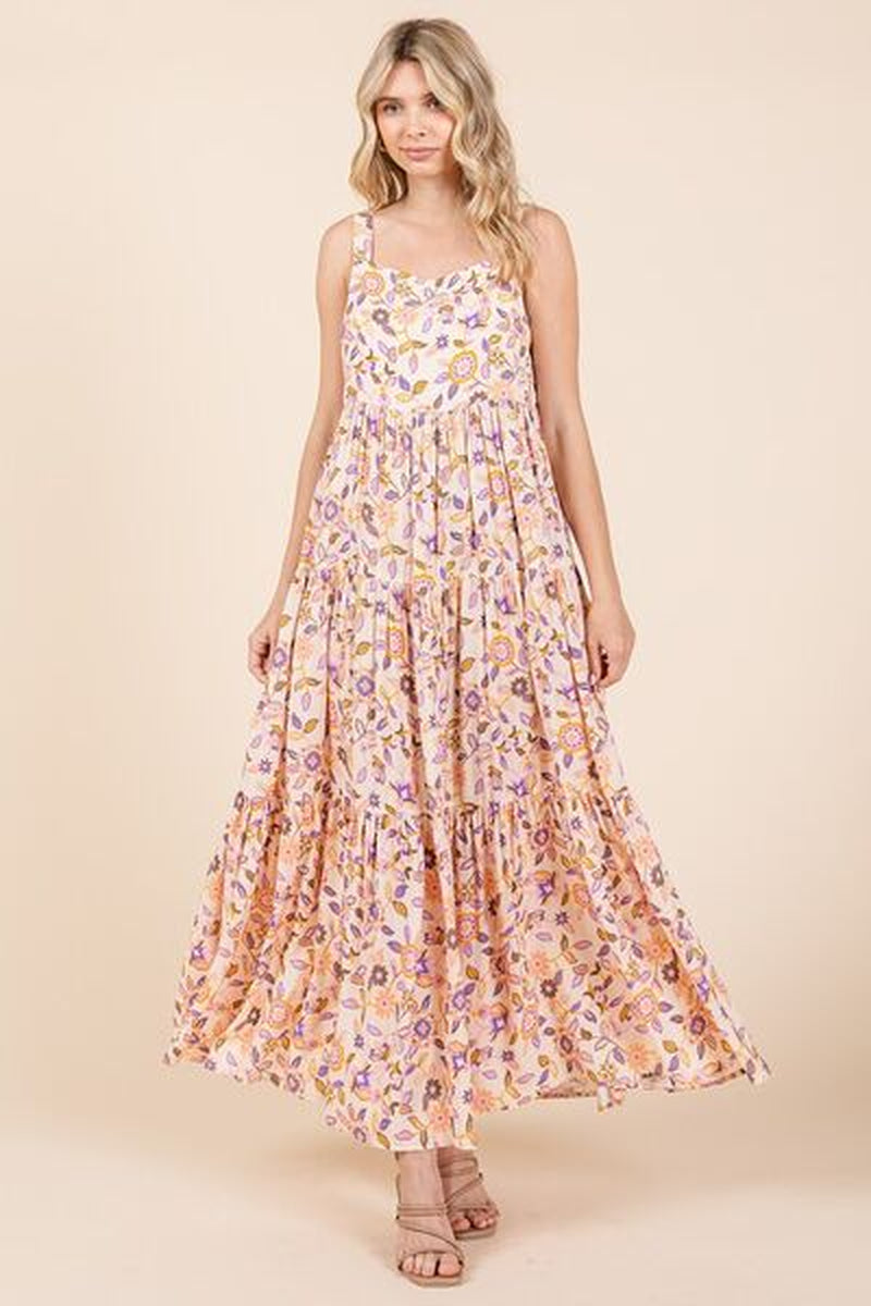 Mittoshop Flower Print Tiered Sleeveless Empire Maxi Dress
