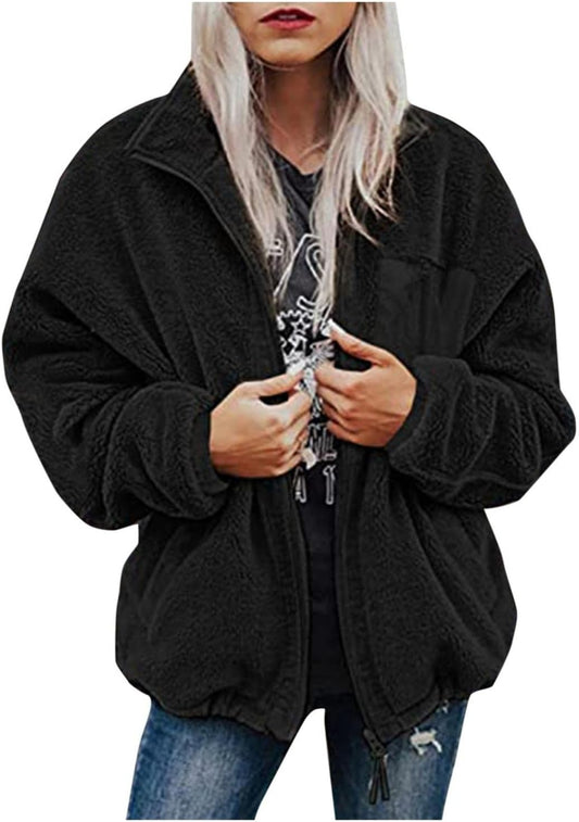 Coat for Women Fashion, Women'S Warm Winter Coat Fluffy Fleece Casual Long Sleeve Jackets Full Zip with Pockets Black