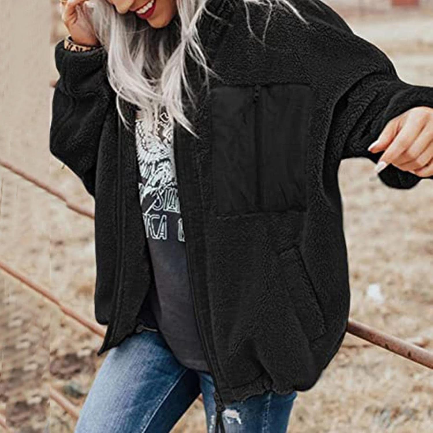 Coat for Women Fashion, Women'S Warm Winter Coat Fluffy Fleece Casual Long Sleeve Jackets Full Zip with Pockets Black