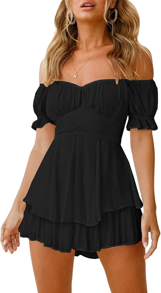 Women Summer Casual Slash Neck Short Sleeve Belted Chiffon One Piece Romper Shorts Black L